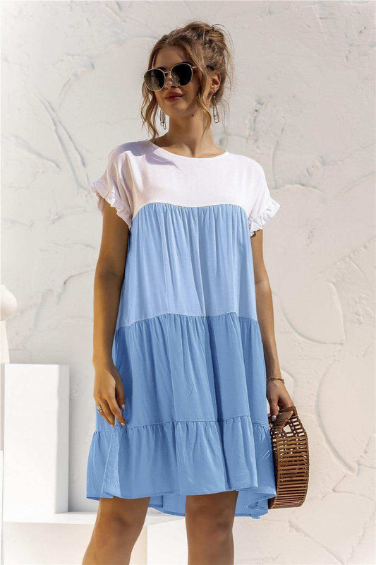 Color Block Round Neck Ruffle Hem Dress - Trendsi - Flyclothing LLC