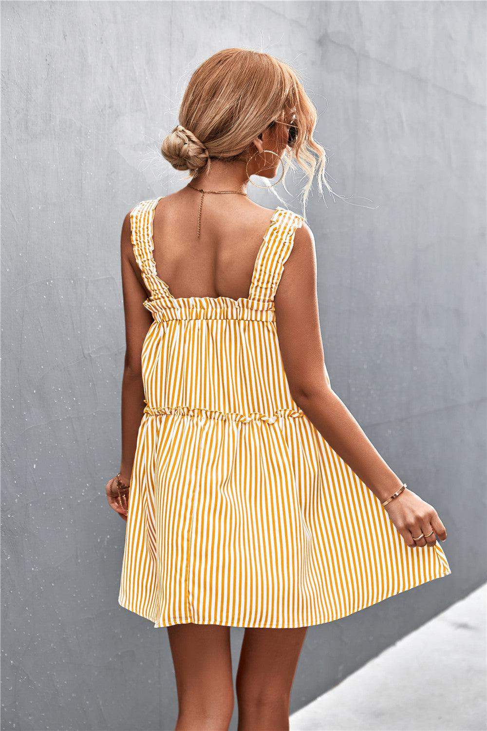 Striped Frill Trim Square Neck Dress - Trendsi - Flyclothing LLC