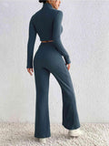 Ribbed Mock Neck Cropped Sweater & High Waist Pants Set - Trendsi