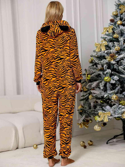 Animal Print  Zip Front Lounge Jumpsuit with Pockets - Trendsi