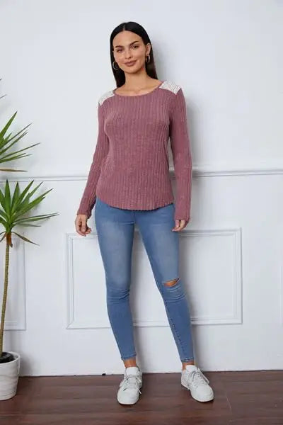 Lace Detail Long Sleeve T-Shirt - Trendsi - Flyclothing LLC