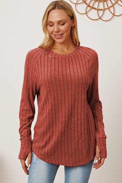 Basic Bae Full Size Ribbed Thumbhole Sleeve T-Shirt - Trendsi - Flyclothing LLC