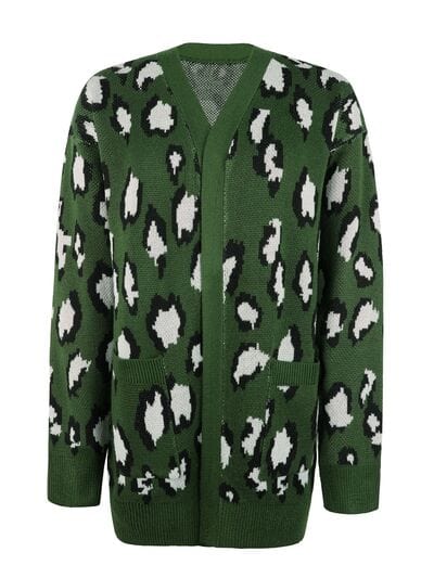Leopard Open Front Dropped Shoulder Cardigan - Trendsi