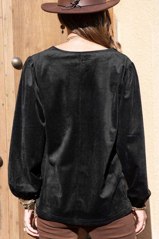 Notched Neck Long Sleeve Blouse - Trendsi - Flyclothing LLC
