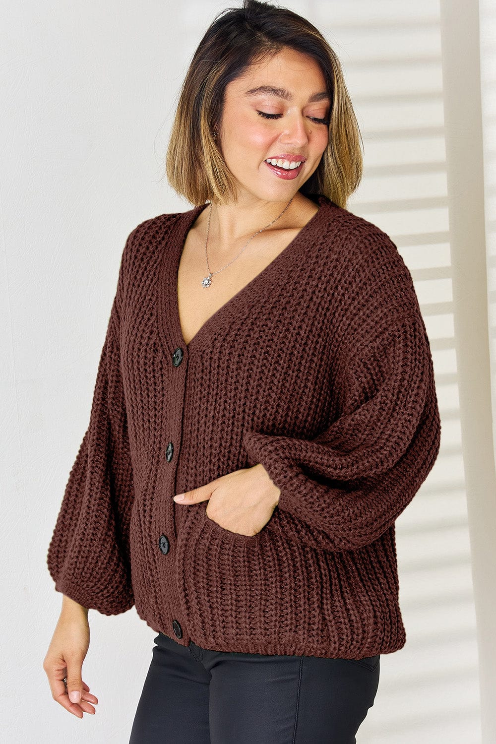 Pocketed Button Up Dropped Shoulder Cardigan - Trendsi