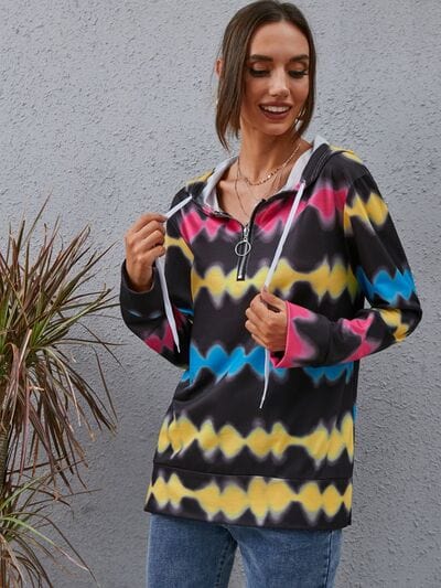 Contrast Quarter Zip Dropped Shoulder Hoodie - Trendsi