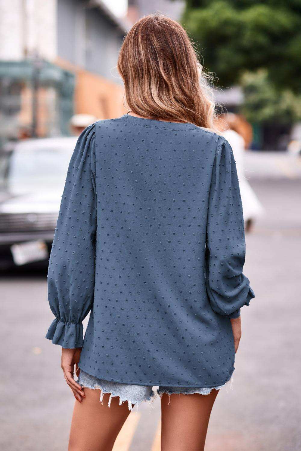 Swiss Dot Notched Neck Flounce Sleeve Blouse - Trendsi - Flyclothing LLC