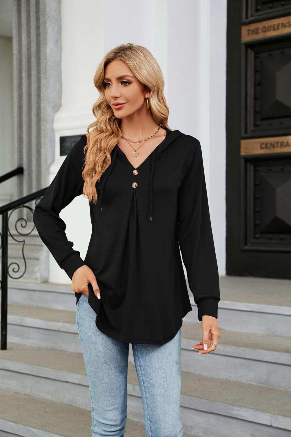 Long Sleeve Hooded Blouse - Trendsi - Flyclothing LLC
