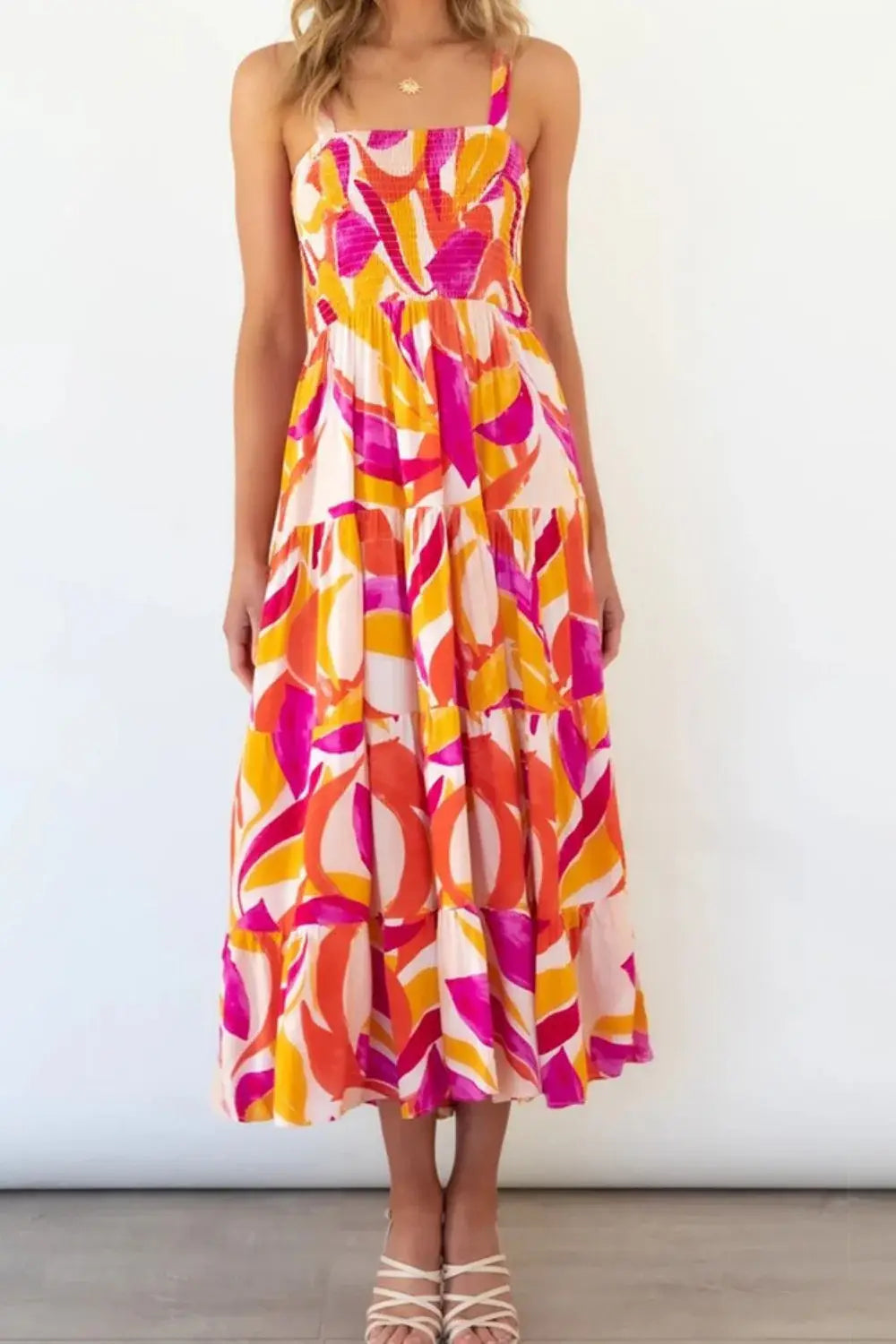 Printed Smocked Square Neck Tiered Sleeveless Dress - Trendsi - Flyclothing LLC