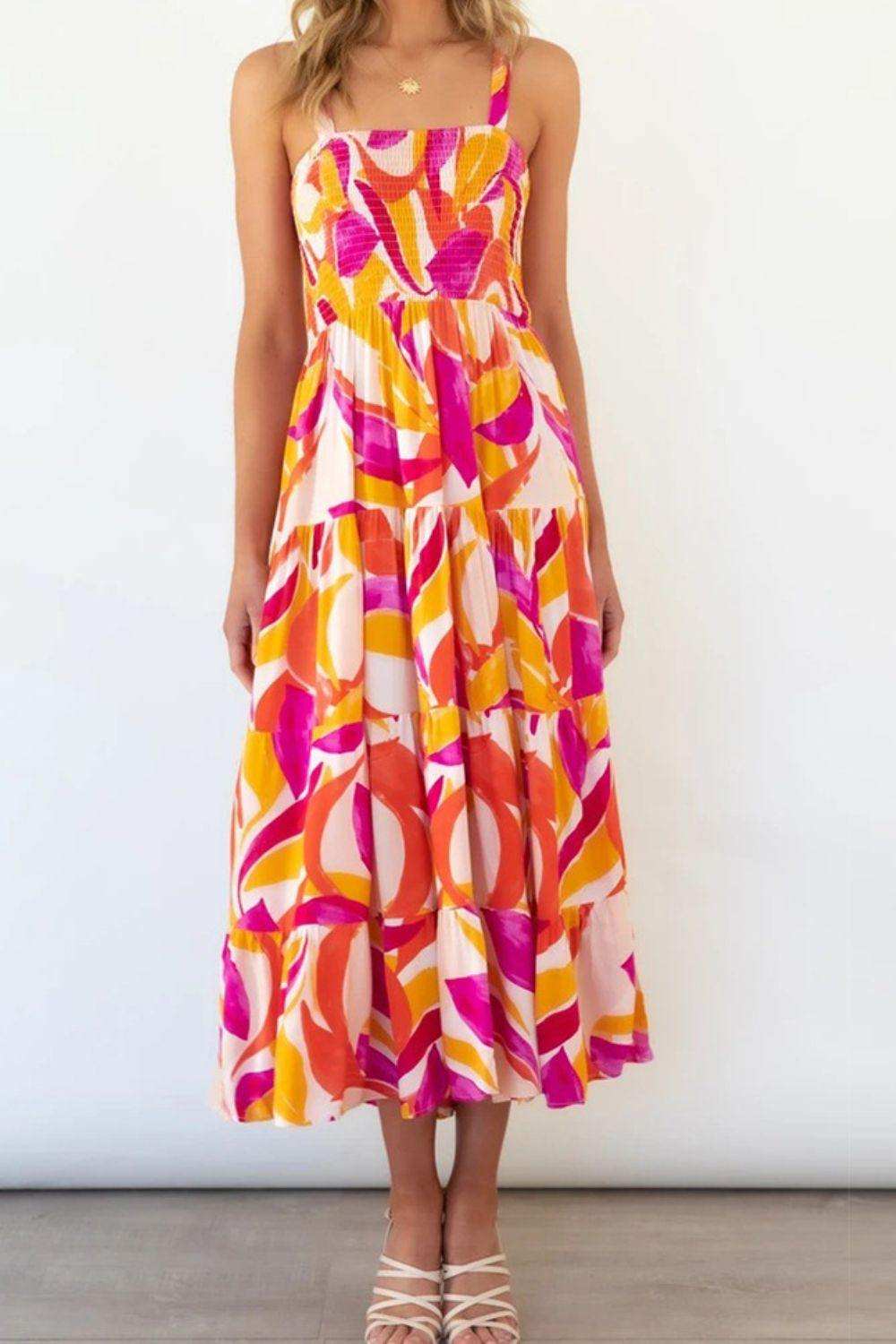 Printed Smocked Square Neck Tiered Sleeveless Dress - Trendsi - Flyclothing LLC