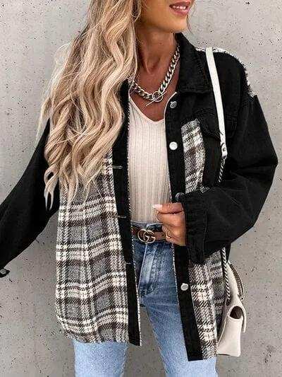Plaid Button Up Dropped Shoulder Jacket - Trendsi - Flyclothing LLC