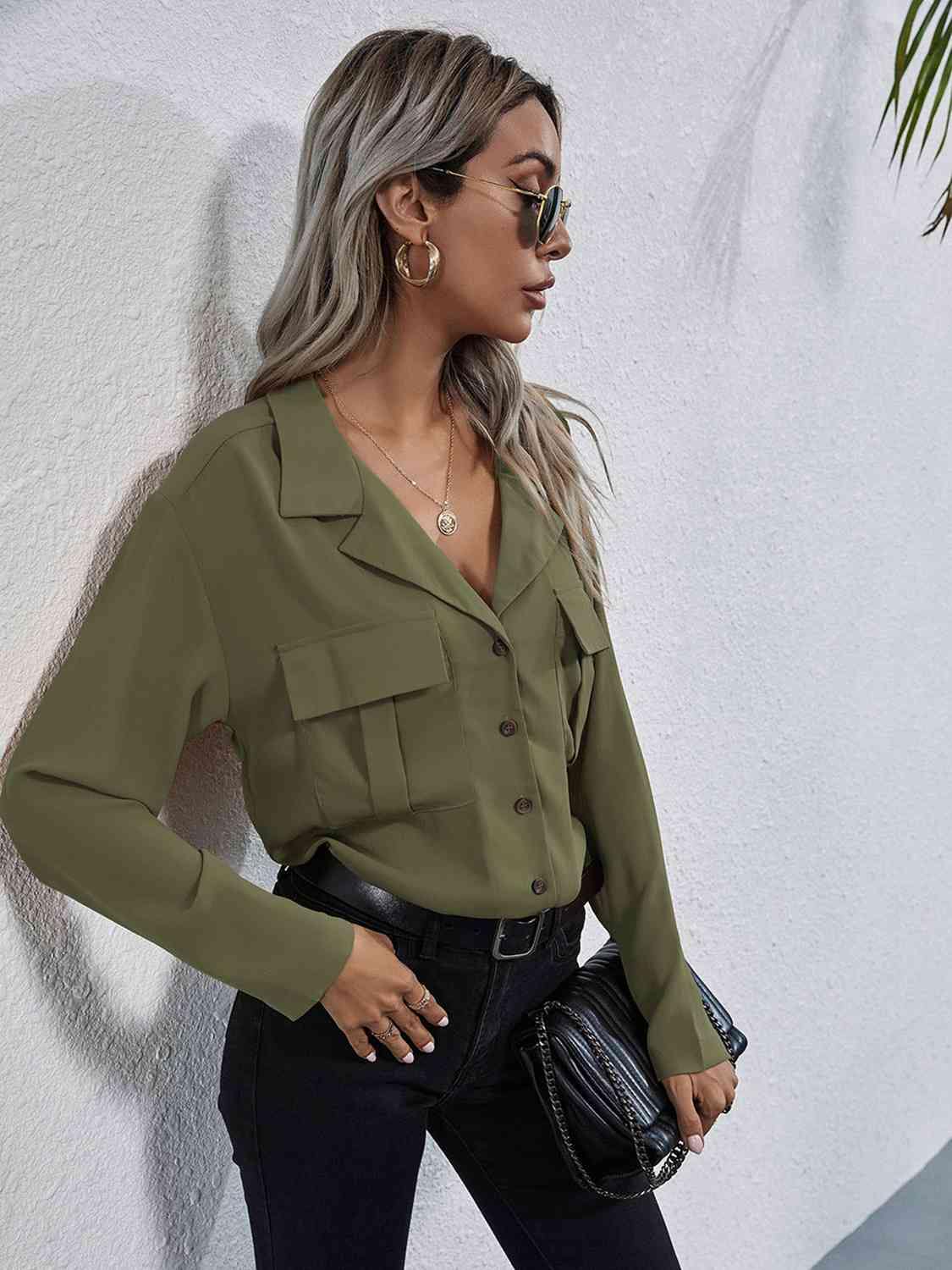 Collared Neck Button Down Shirt - Trendsi