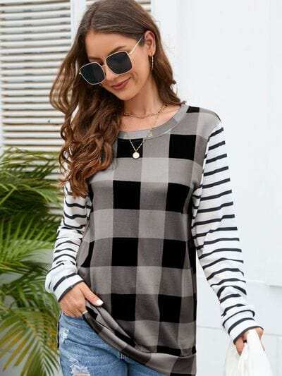 Plaid Striped Round Neck Long Sleeve T-Shirt - Trendsi - Flyclothing LLC