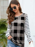Plaid Striped Round Neck Long Sleeve T-Shirt - Trendsi - Flyclothing LLC