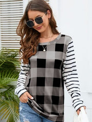 Plaid Striped Round Neck Long Sleeve T-Shirt - Trendsi