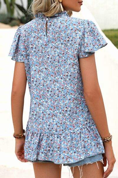 Ditsy Floral Mock Neck Short Sleeve T-Shirt - Trendsi - Flyclothing LLC