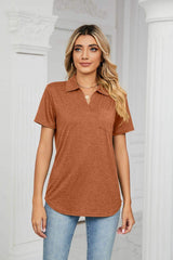 Curved Hem Johnny Collar Polo Shirt - Trendsi - Flyclothing LLC