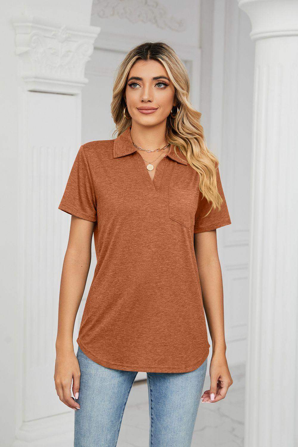 Curved Hem Johnny Collar Polo Shirt - Trendsi - Flyclothing LLC