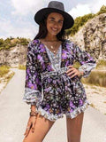 Printed Frill Half Button Balloon Sleeve Romper - Trendsi - Flyclothing LLC