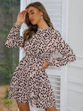 Printed Frill Neck Long Sleeve Dress - Trendsi
