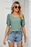 Eyelet Puff Sleeve Round Neck Top - Trendsi