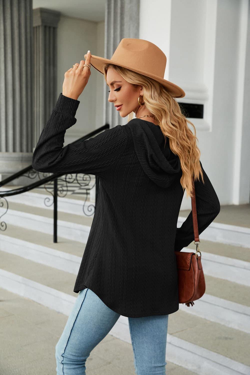 Long Sleeve Hooded Blouse - Trendsi
