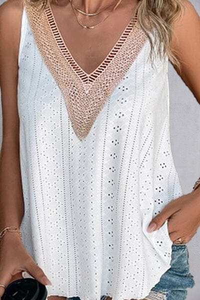 Lace Detail Eyelet V-Neck Tank - Trendsi - Flyclothing LLC