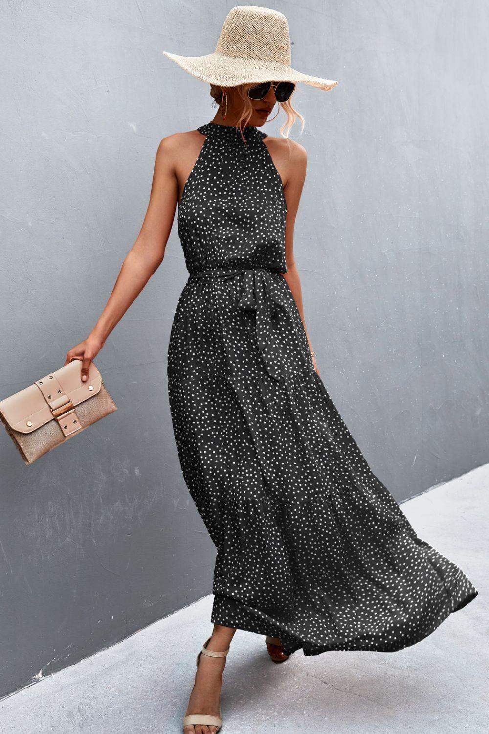 Printed Sleeveless Tie Waist Maxi Dress - Trendsi - Flyclothing LLC