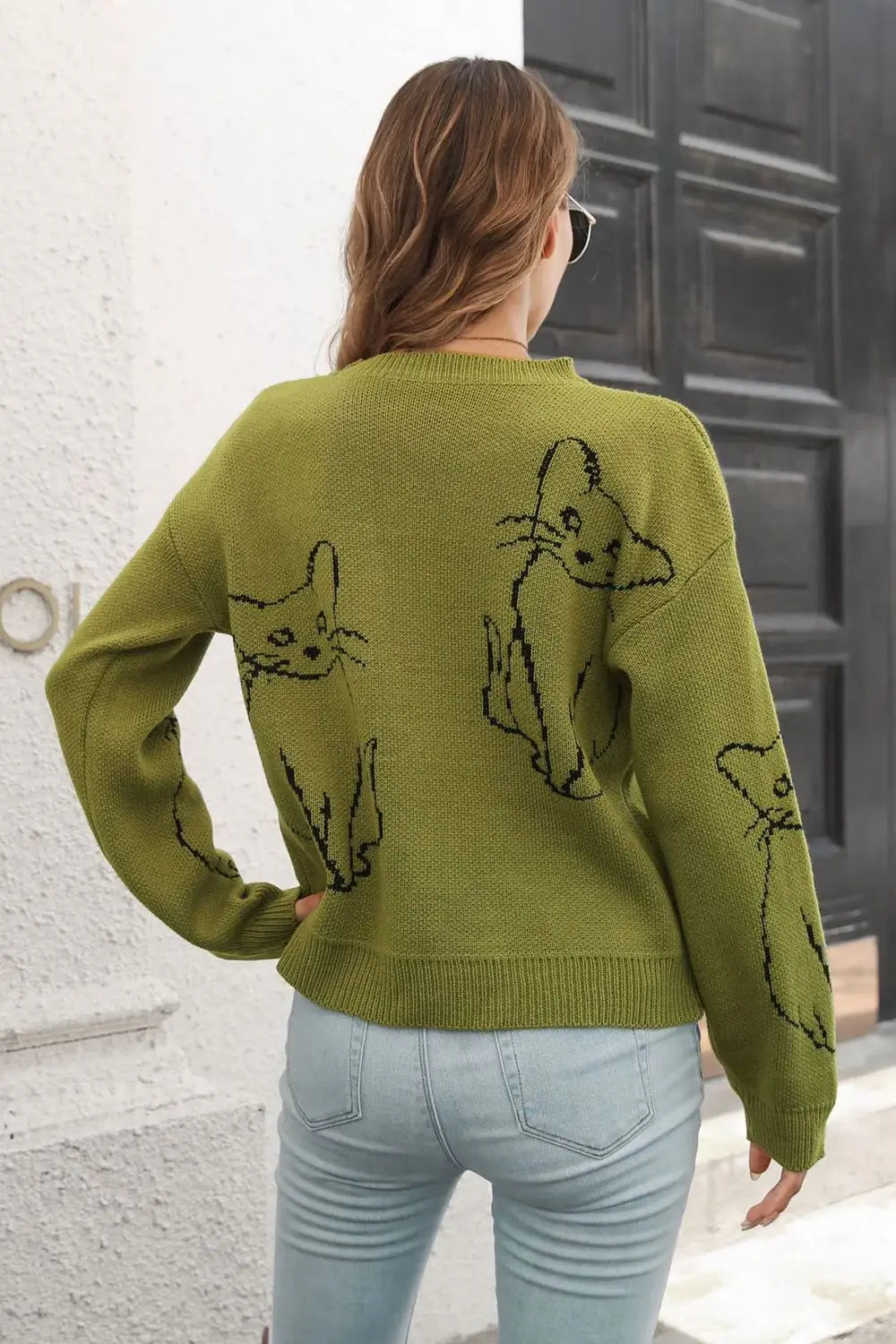 Cat Pattern Round Neck Long Sleeve Pullover Sweater - Trendsi - Flyclothing LLC
