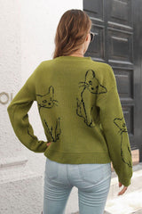 Cat Pattern Round Neck Long Sleeve Pullover Sweater - Trendsi