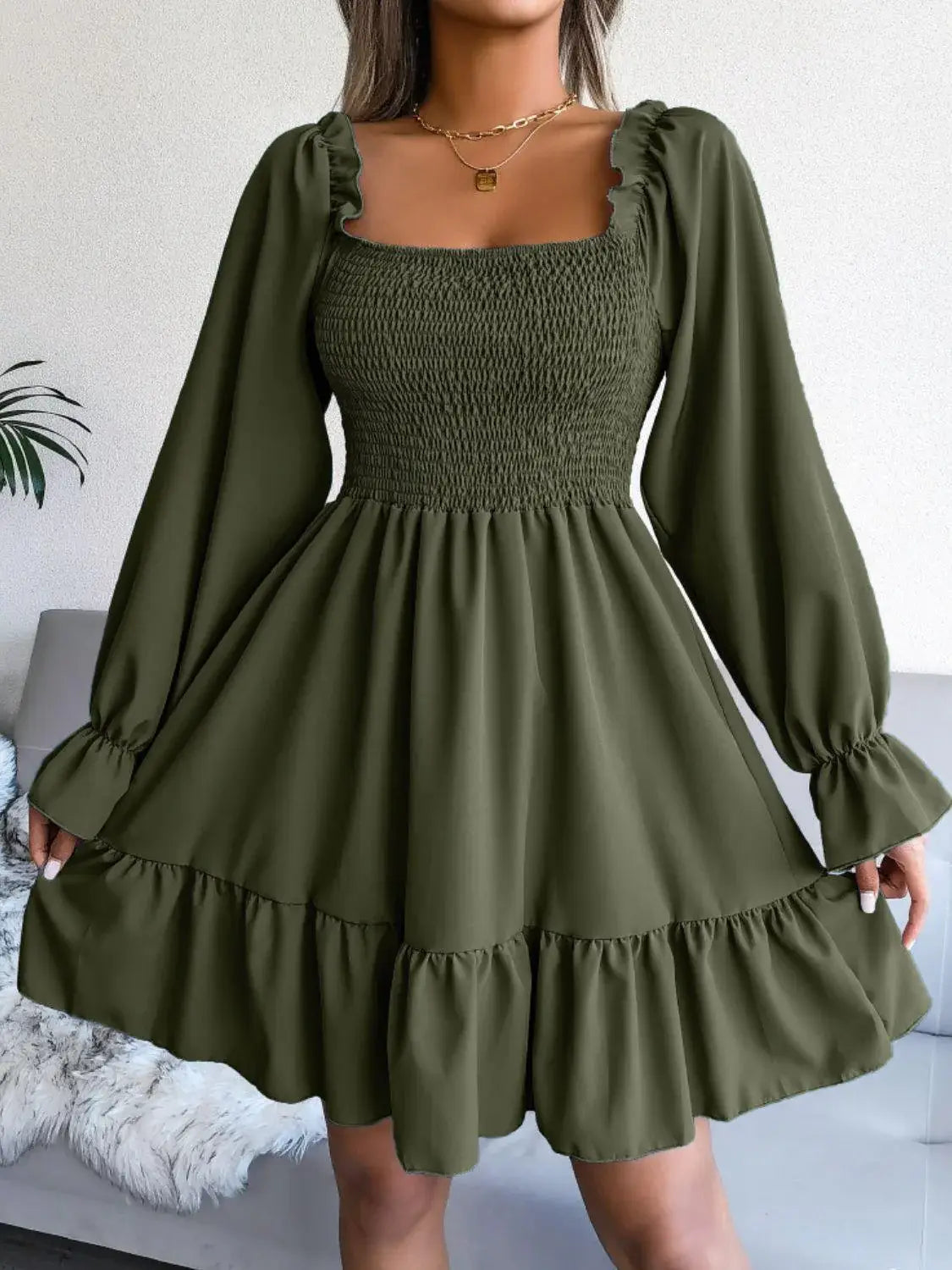 Smocked Flounce Sleeve Square Neck Dress - Trendsi - Flyclothing LLC