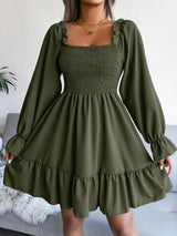 Smocked Flounce Sleeve Square Neck Dress - Trendsi - Flyclothing LLC