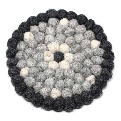 Hand Crafted Felt Ball Trivets from Nepal: Round Flower Design, Black/Grey - Global Groove (T) - Global Groove