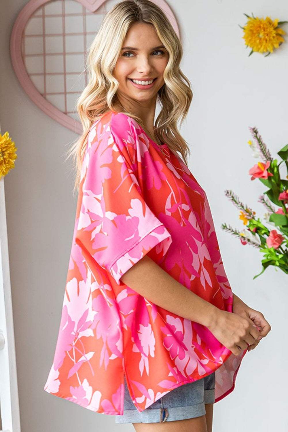 First Love Slit Printed Round Neck Half Sleeve Blouse - Trendsi - Flyclothing LLC