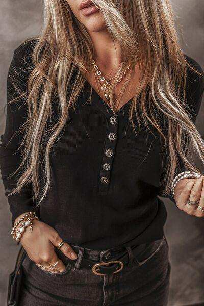 V-Neck Half Button long Sleeve T-Shirt - Trendsi - Flyclothing LLC