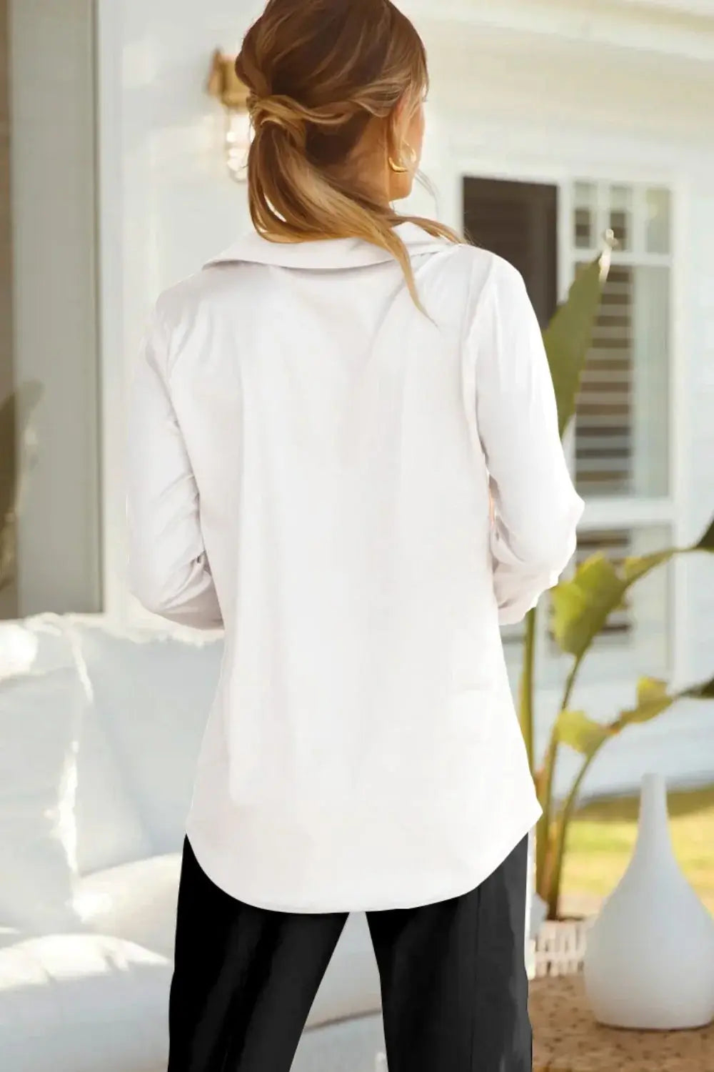 Lapel Collar Buttoned Puff Sleeve Shirt - Trendsi - Flyclothing LLC