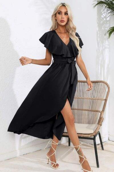 Ruffled Tied V-Neck Midi Dress - Trendsi - Flyclothing LLC