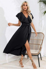 Ruffled Tied V-Neck Midi Dress - Trendsi - Flyclothing LLC
