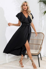 Ruffled Tied V-Neck Midi Dress - Trendsi