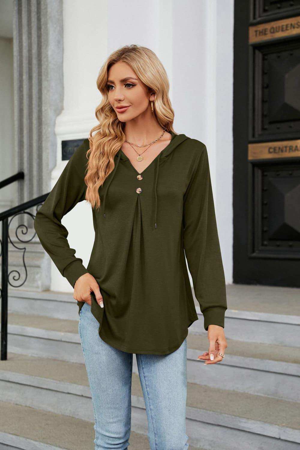 Long Sleeve Hooded Blouse - Trendsi - Flyclothing LLC
