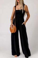 Smocked Square Neck Wide Leg Jumpsuit with Pockets - Trendsi - Flyclothing LLC