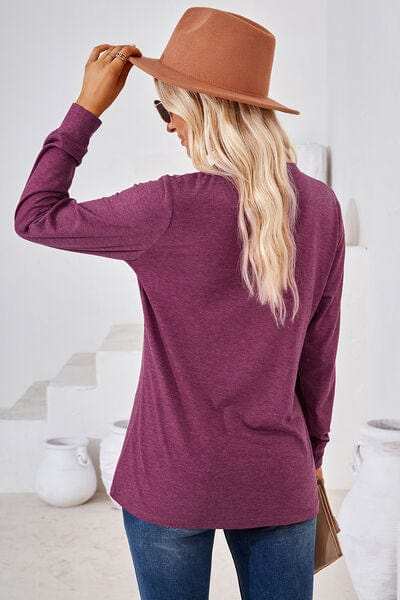 Notched Button Detail Long Sleeve T-Shirt - Trendsi - Flyclothing LLC