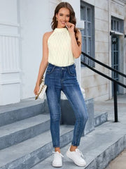 Textured Mock Neck Sleeveless Bodysuit - Flyclothing LLC