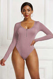 Half Zip Scoop Neck Long Sleeve Bodysuit - Trendsi - Flyclothing LLC
