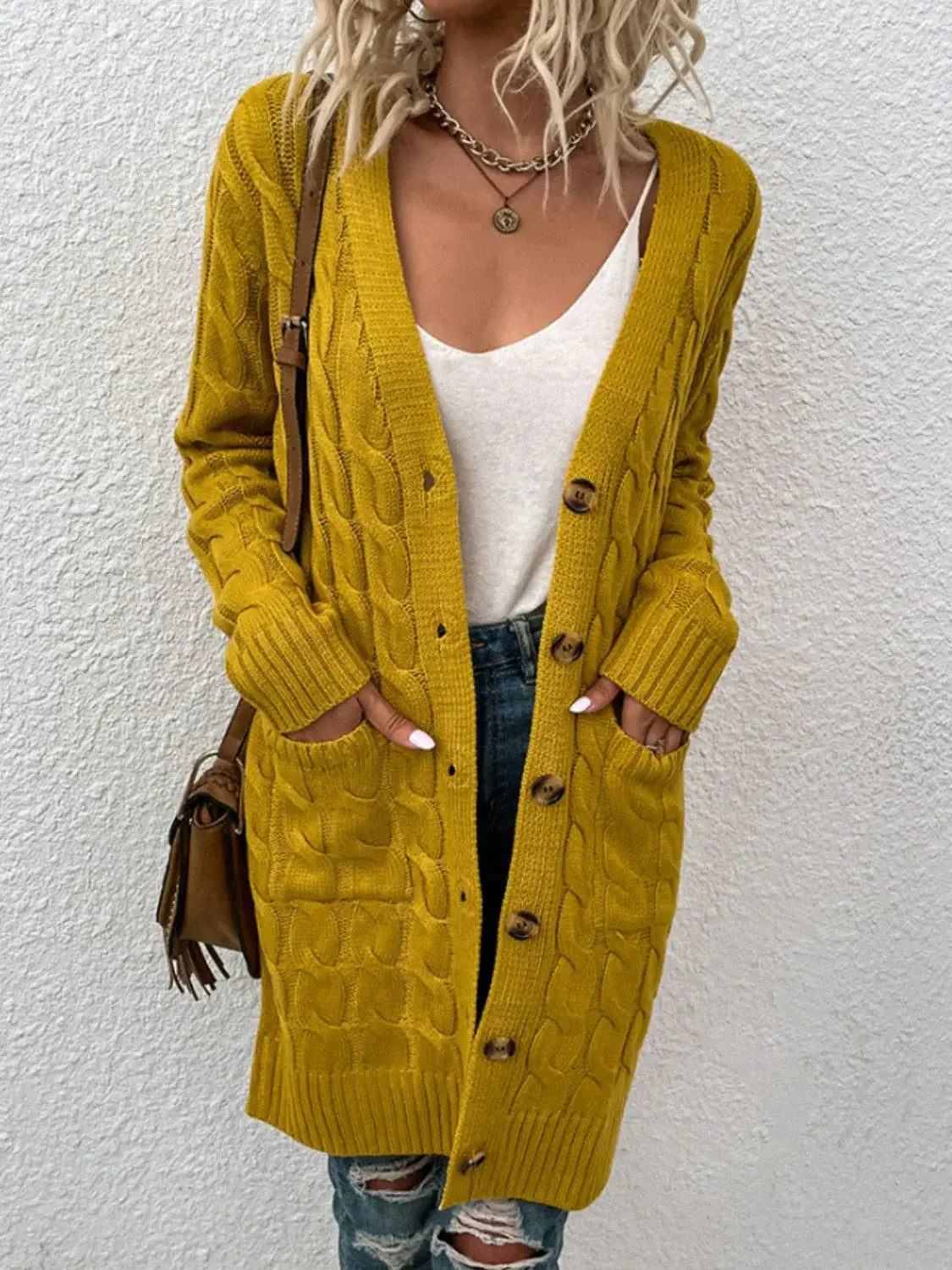 Cable-Knit Button Down Cardigan with Pockets - Trendsi - Flyclothing LLC