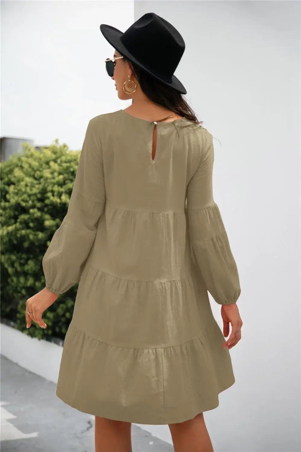 Balloon Sleeve Keyhole Tiered Dress - Trendsi - Flyclothing LLC