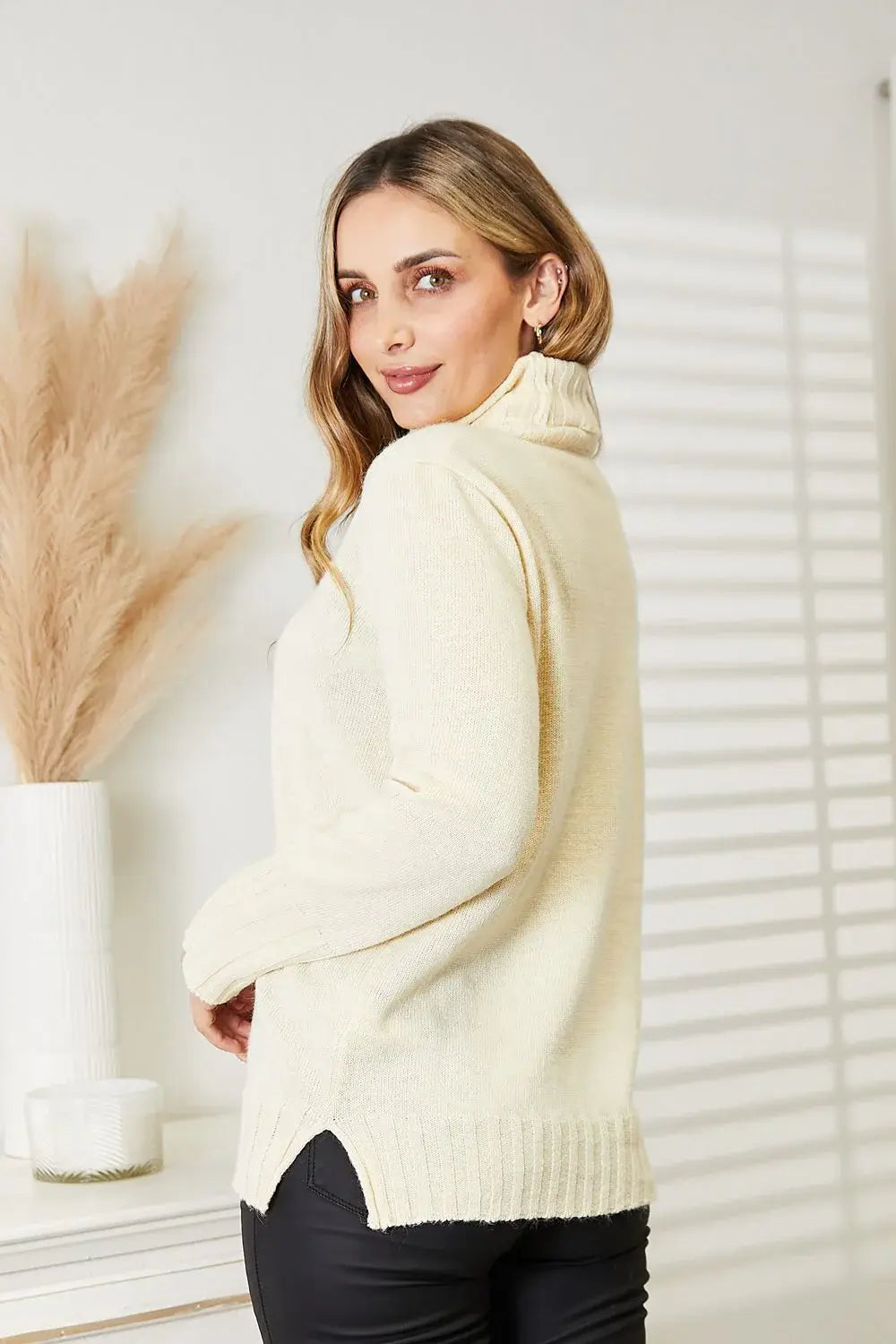 Heimish Full Size Long Sleeve Turtleneck Sweater with Side Slit - Trendsi - Flyclothing LLC