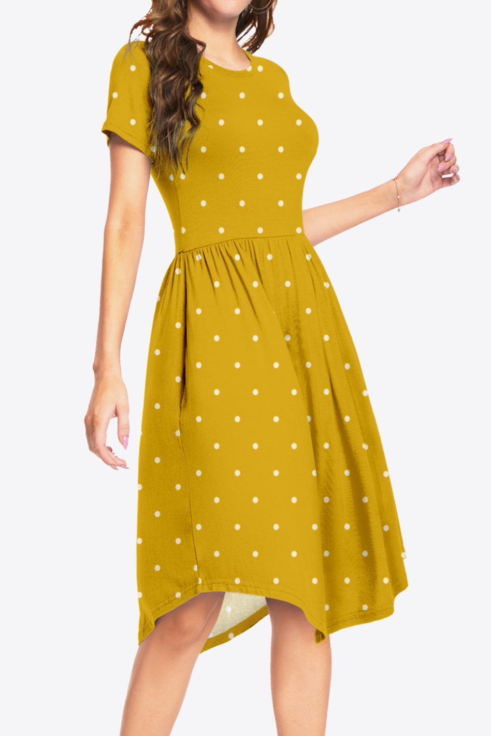 Printed Round Neck Short Sleeve Dress with Pockets - Trendsi