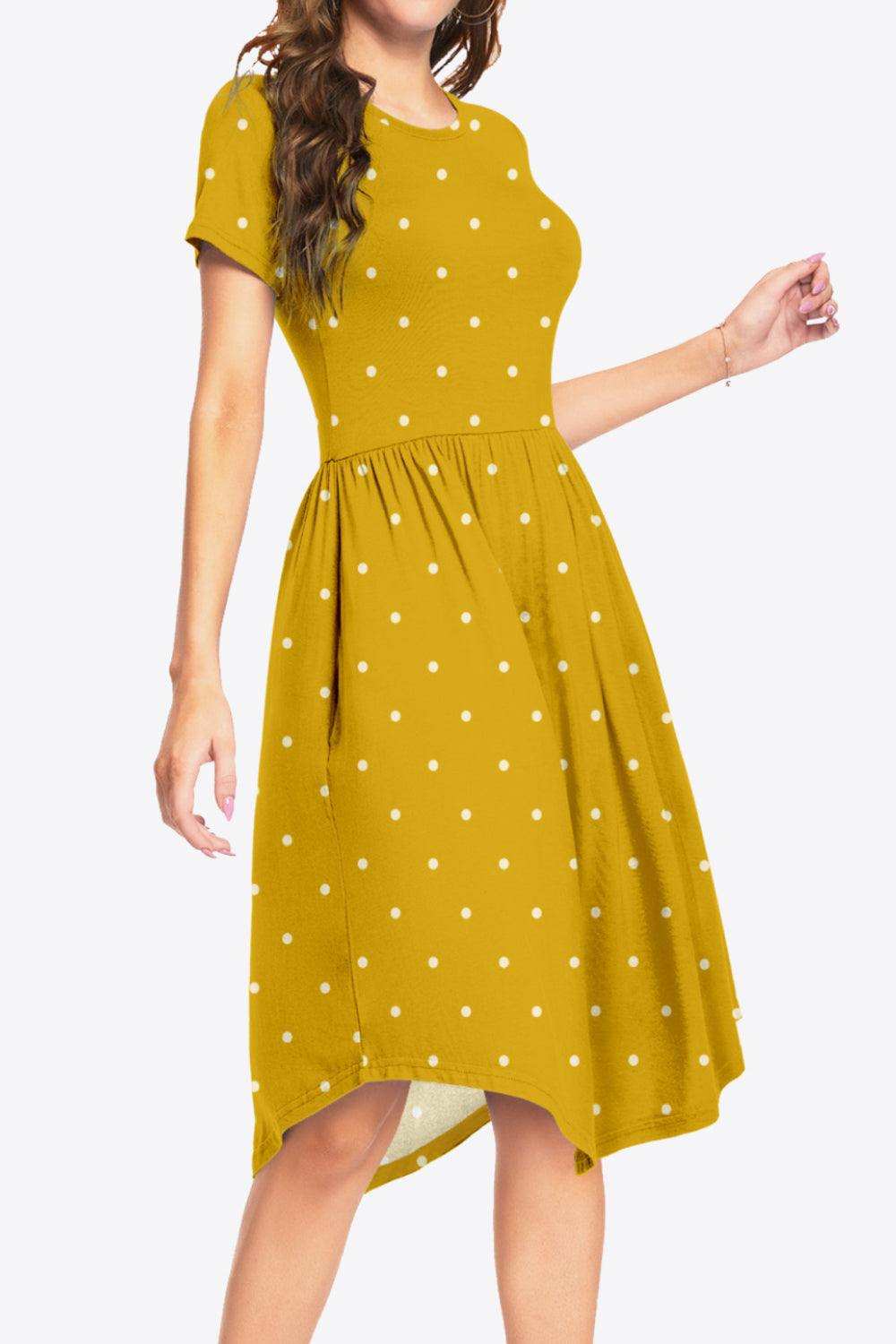 Printed Round Neck Short Sleeve Dress with Pockets - Trendsi - Flyclothing LLC