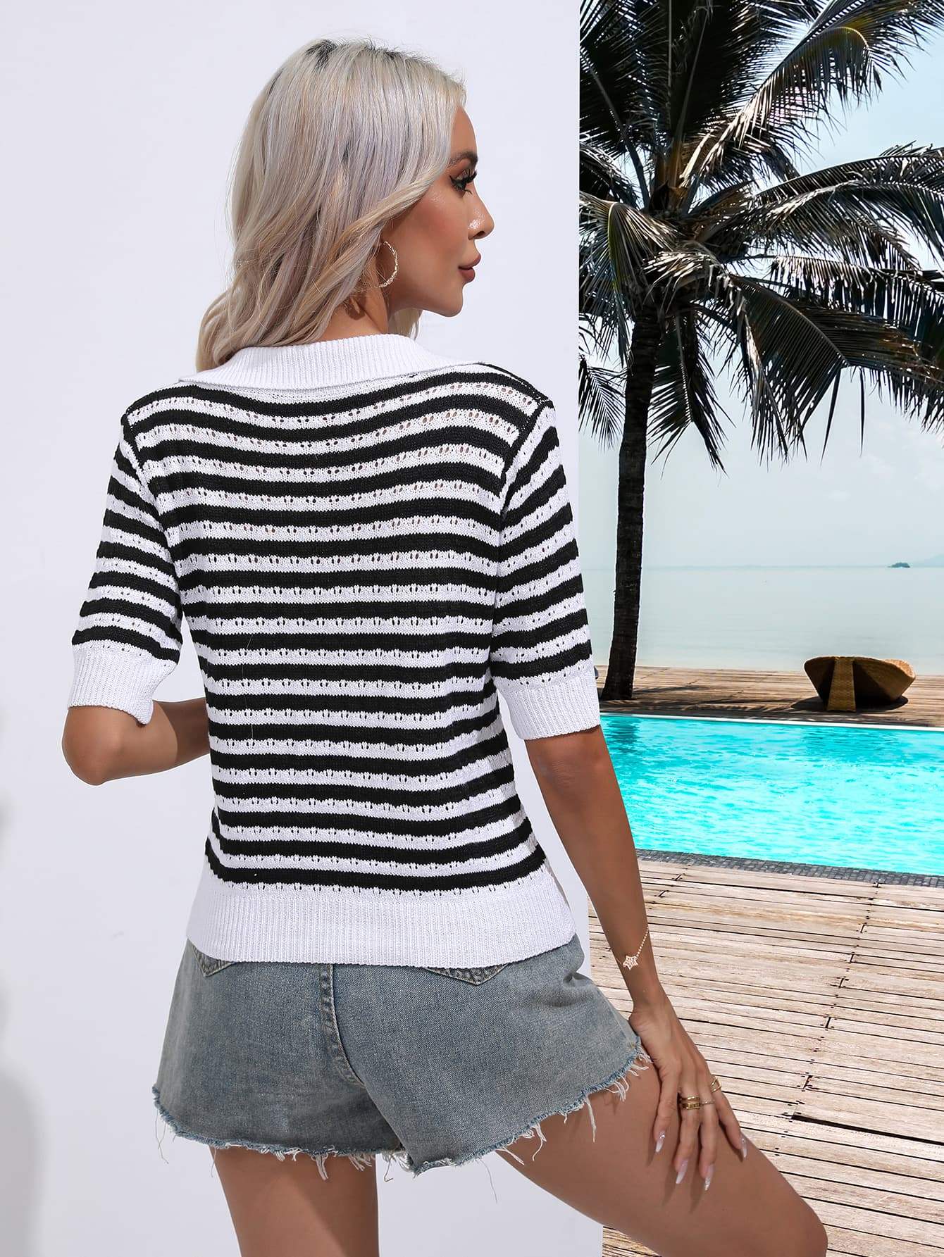 Striped Johnny Collar Half Sleeve Knit Top - Trendsi - Flyclothing LLC